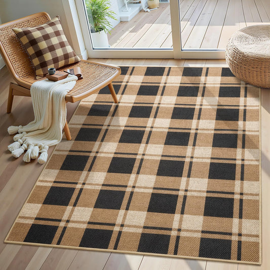 AROGAN Plaid Jute Rug 3x5, Washable Indoor Outdoor Rug, Black and Brown Checkered Farmhouse Rug, Non-Slip Low Pile Carpet for Patio, Living Room, Kitchen, Entryway