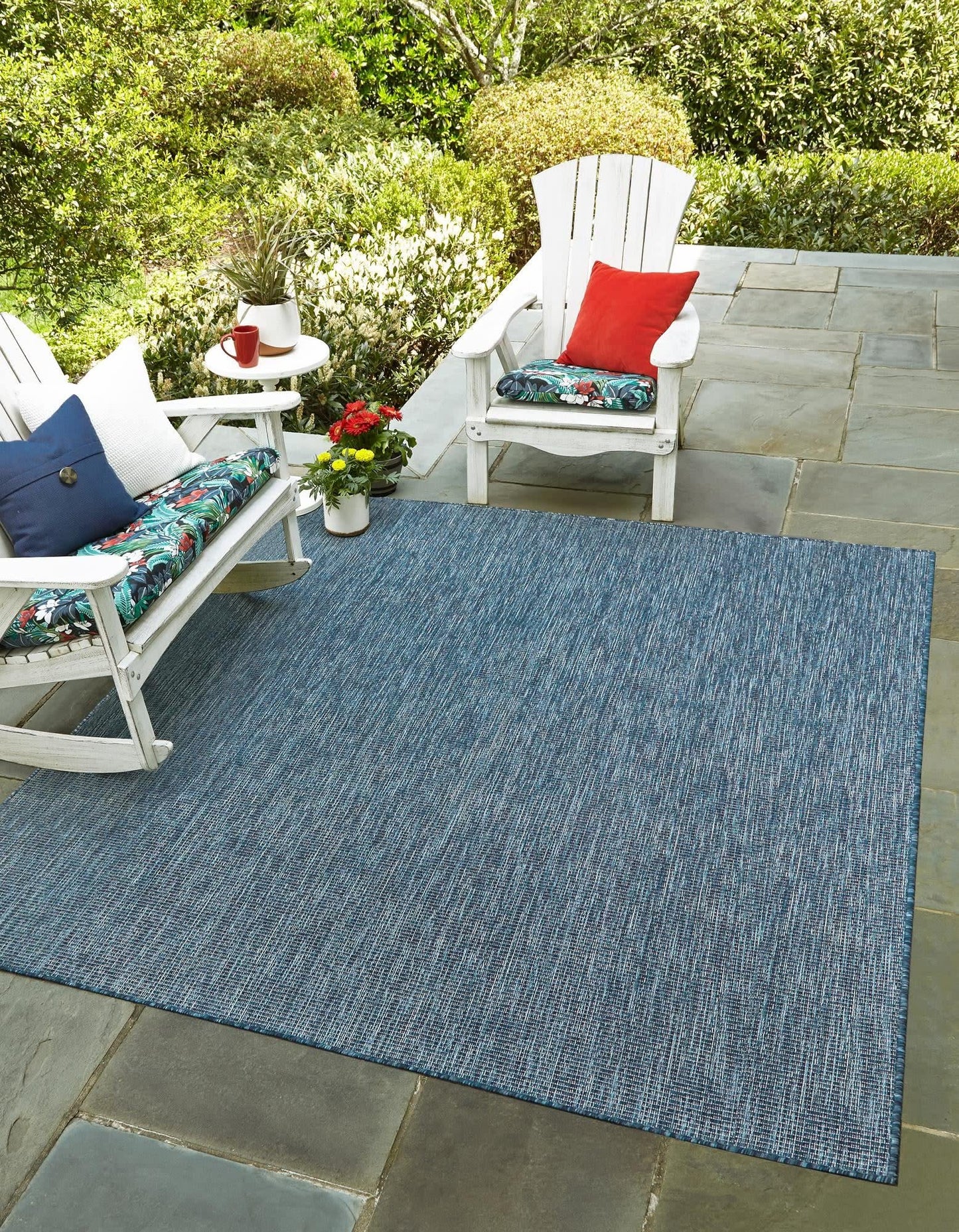 Unique Loom Collection Casual Transitional Solid Heathered Indoor/Outdoor Flatweave Area Rug (7' 10" Square, Blue/Navy Blue)