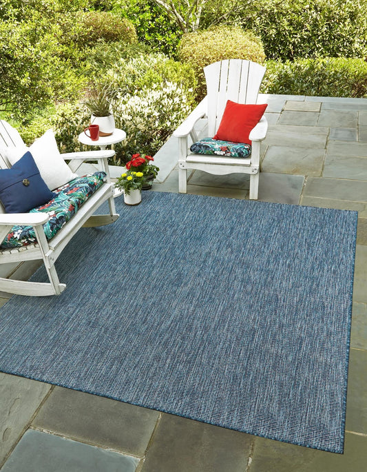 Unique Loom Collection Casual Transitional Solid Heathered Indoor/Outdoor Flatweave Area Rug (7' 10" Square, Blue/Navy Blue)