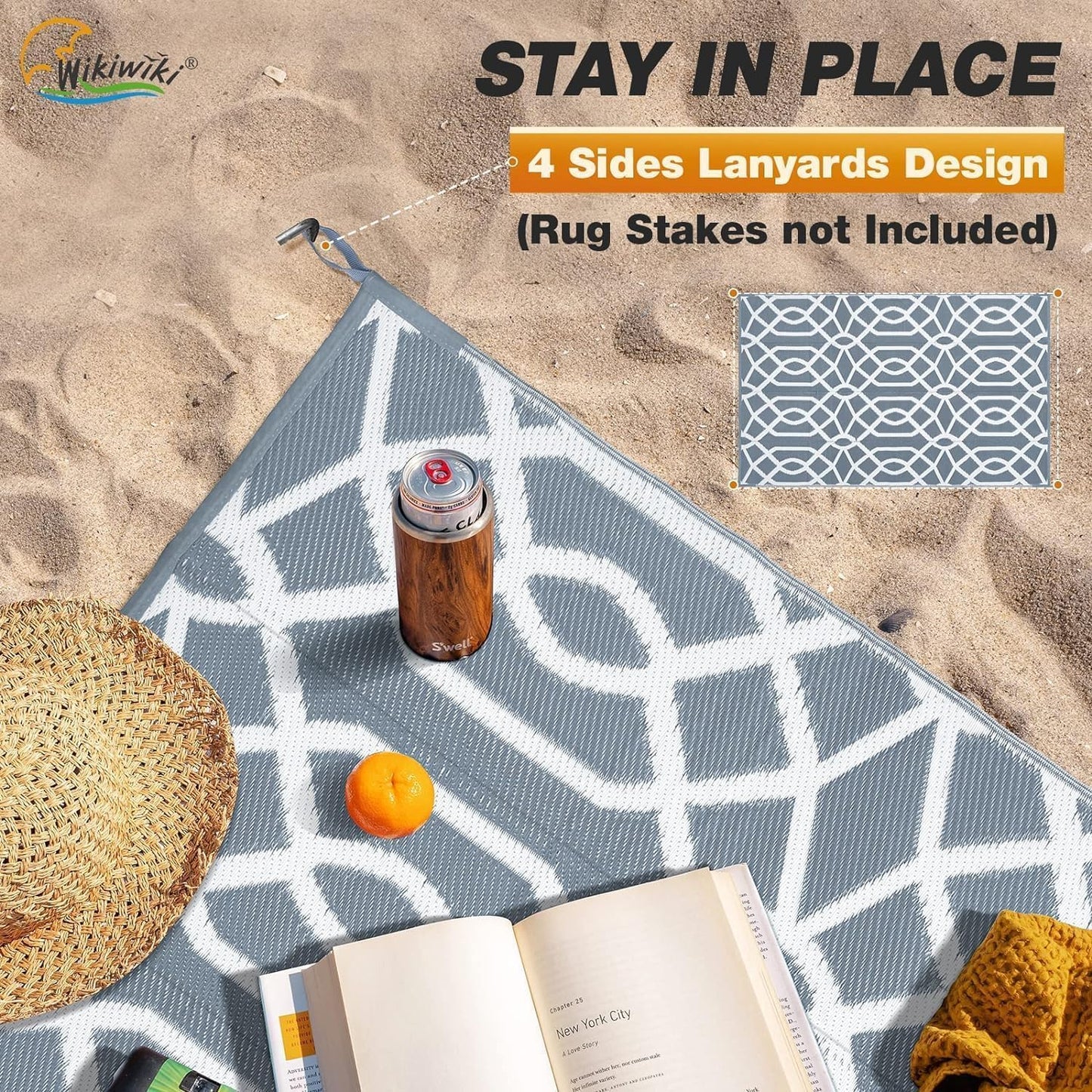 wikiwiki Outdoor Rug, 6x9ft Waterproof Reversible Mat Indoor Outdoor Rugs Carpet, Small Area Rug Plastic Straw Rug for Patio Deck Balcony Pool RV Camping Beach Picnic, Grey, Rugscape Series