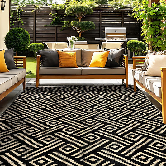 OPPODREAM Outdoor Rug 5x7 Ft, Waterproof Outdoor Plastic Straw Rug for Patio, Reversible Out Door Carpet for Camping, Deck, Rv, 5 x 7 Area Carpet for Balcony, Porch, Backyard, Black and Beige
