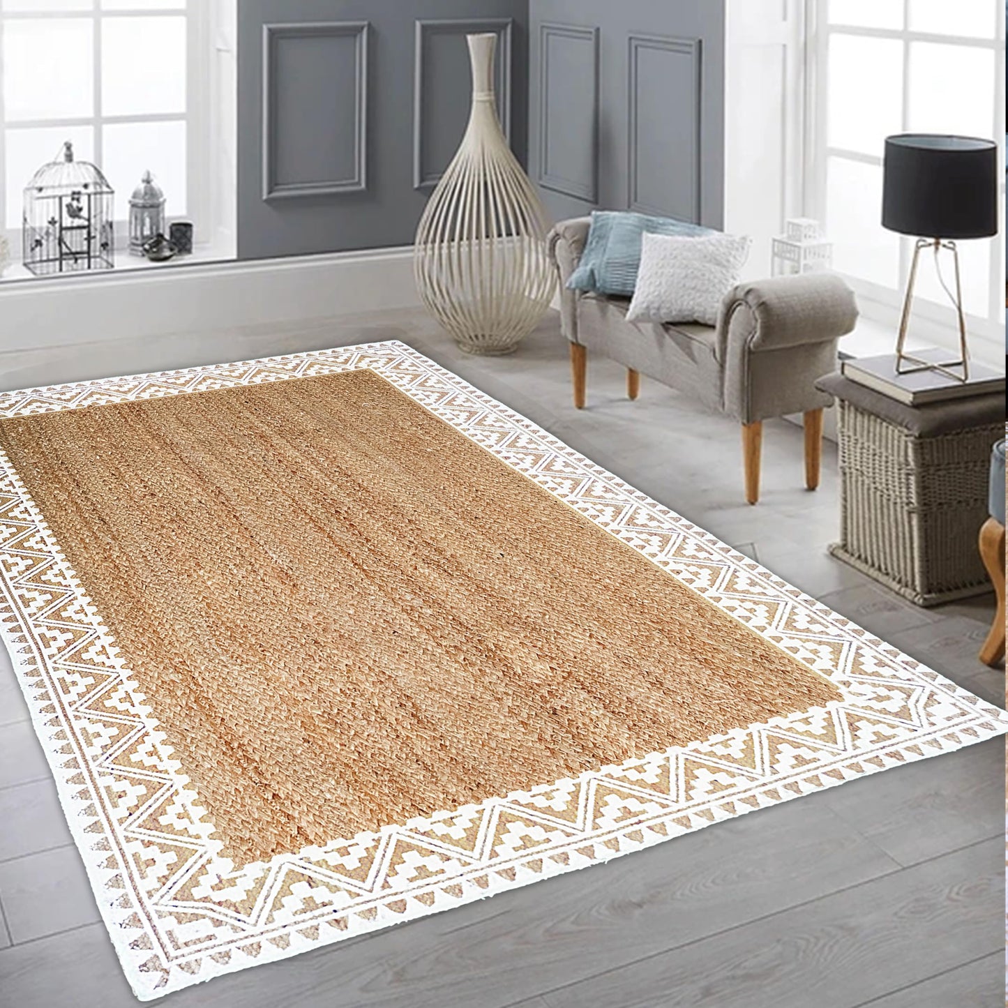 voyzz home 5X8 Feet-Rectangular, Premium Natural Jute Braided Area Rug, White Printed Border, Stain Resistance, Natural Brown, Handmade Rug for Entryways, Living Room, Dining Room, Bedroom, Farmhouse