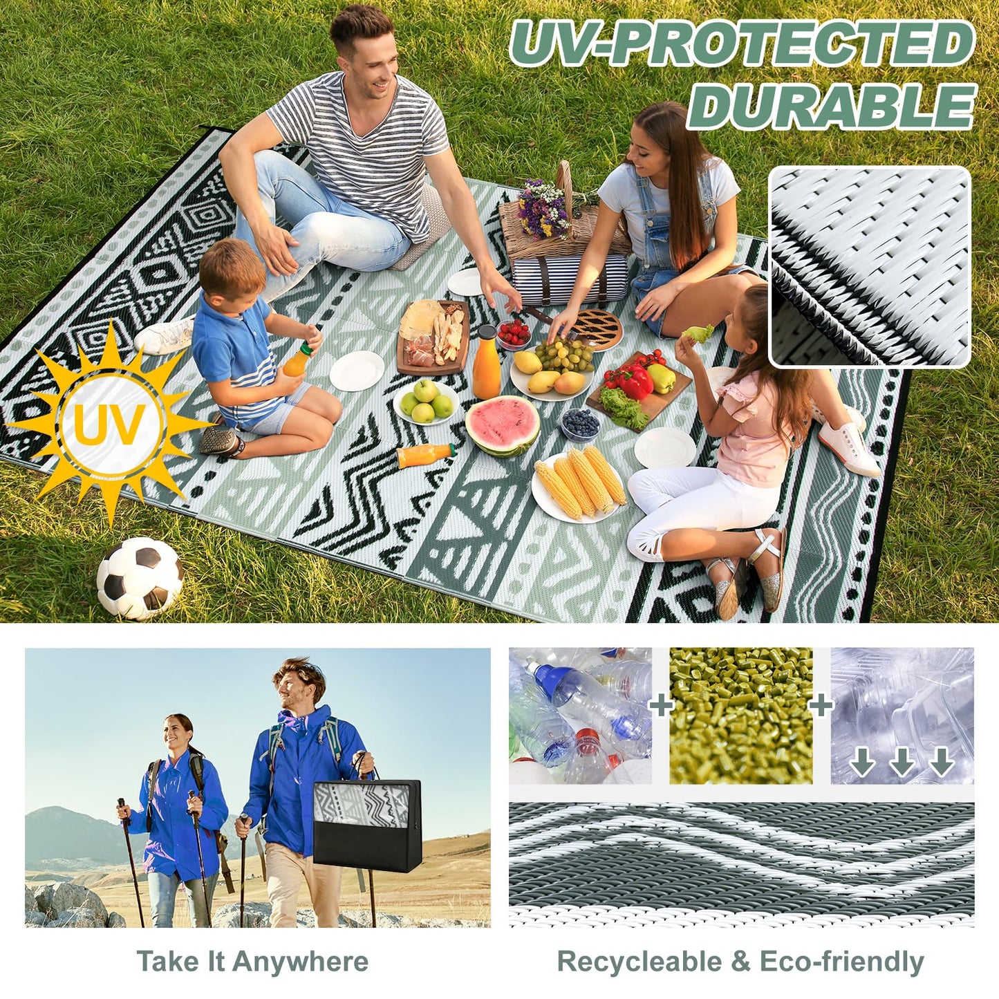 Lahome Outdoor Rug Waterproof, 6x9 Reversible Outdoor Plastic Straw Rug for Camping, RV Patio Rugs Large Carpet for Porch Deck Backyard Balcony Picnic(Grey/Black,6'x 9')