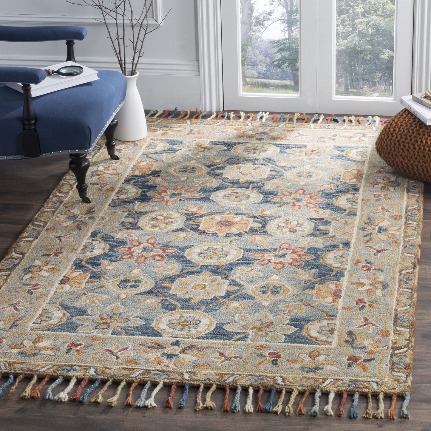 SAFAVIEH Aspen Collection Area Rug - 9' x 12', Grey & Navy, Handmade Boho Braided Tassel Wool, Ideal for High Traffic Areas in Living Room, Bedroom (APN110A)