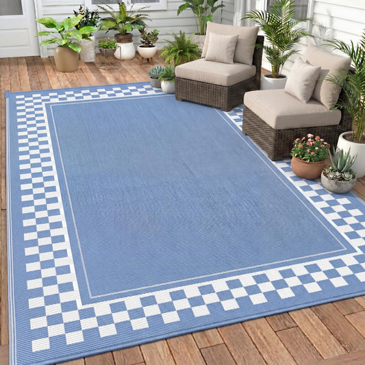 Dunzy Checkered Outdoor Patio Rug, 5 x 8 ft Non-Slip Plastic Straw Checkered Carpet Indoor Outdoor Area Mat for Outside Rv Camping Deck Pool Beach Porch Backyard(Light Blue, Cream White)