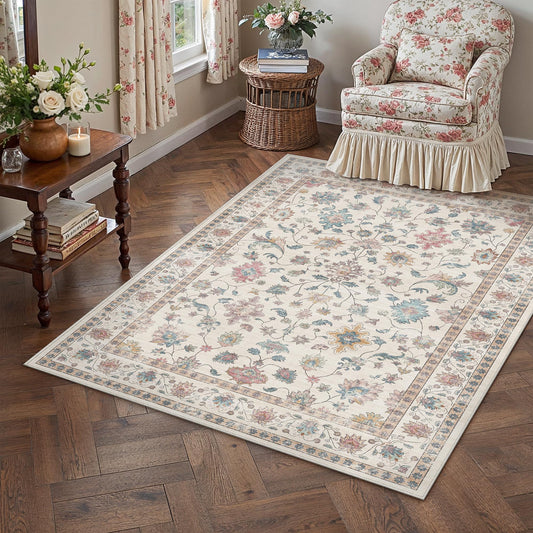 HUGEAR 4x6 Entryway Area Rug Vintage Colorful Small Rug Machine Washable Door Mat Retro Floral Low Pile Carpet Vacuumable Distressed Throw Rug Entrance Kitchen Bedroom Farmhouse Playroom Non Slip