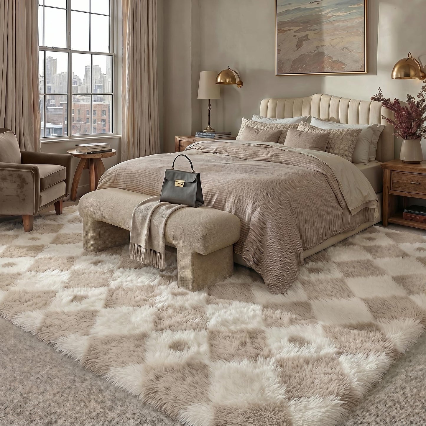 PureCozy Checkered Rug 8x10 Fluffy Shag Living Room Beige Area Rug Modern Washable Carpet Soft Shaggy Non Slip Indoor Plush Fuzzy Rugs for Bedroom Dorm Office Home Aesthetic Decor