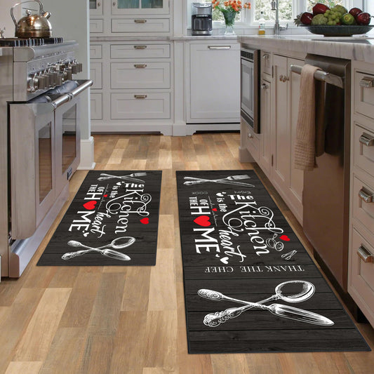 JWXCBIM Farmhouse Kitchen Rug 2 Piece Set, Black and White Rustic Vintage Style Theme Decor Kitchen Rugs, Absorbent Washable Non-Slip Floor Mats, Home Indoor Runner Carpet 17x30+17x47 Inches