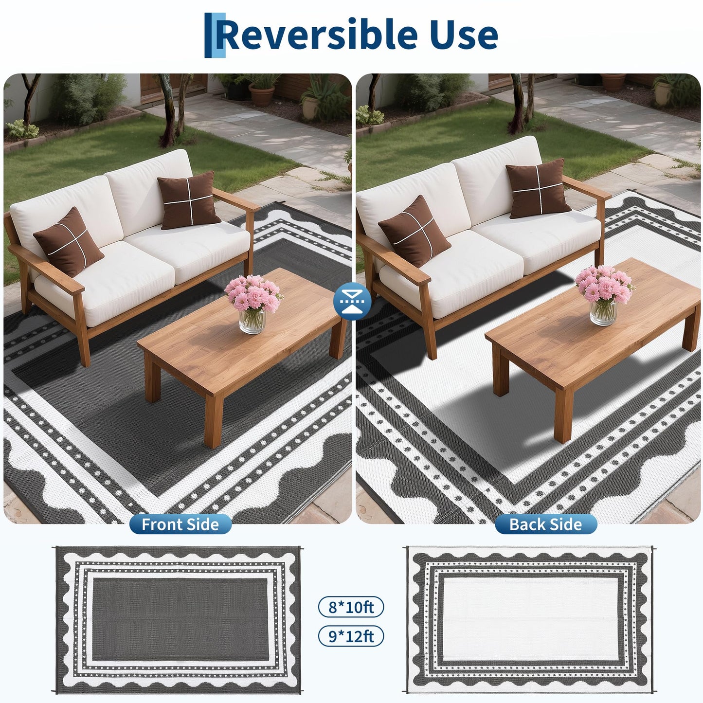 IDEALHOUSE Waterproof Outdoor Rug 8x10 for Patio, Reversible Modern Area Rug, Large Plastic Straw Mat for Camping, RV, Porch, Backyard, Deck, Picnic, Beach, Grey & White