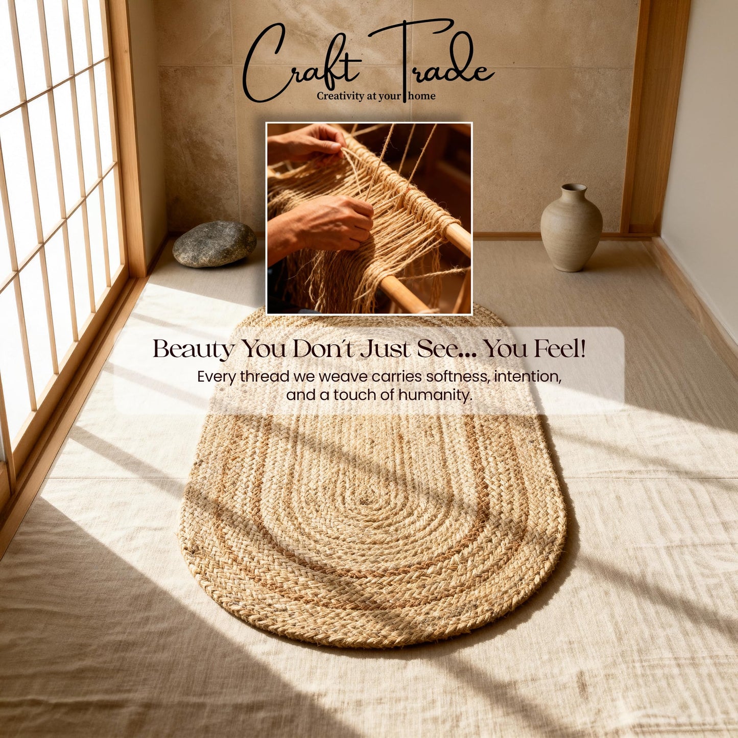 Craft Trade Oval Jute Area Rug for Living Room Bedroom Outdoor Boho Small Hallway Indoor Braided Woven Reversible Sisal Rugs 2x3 Ft Natural
