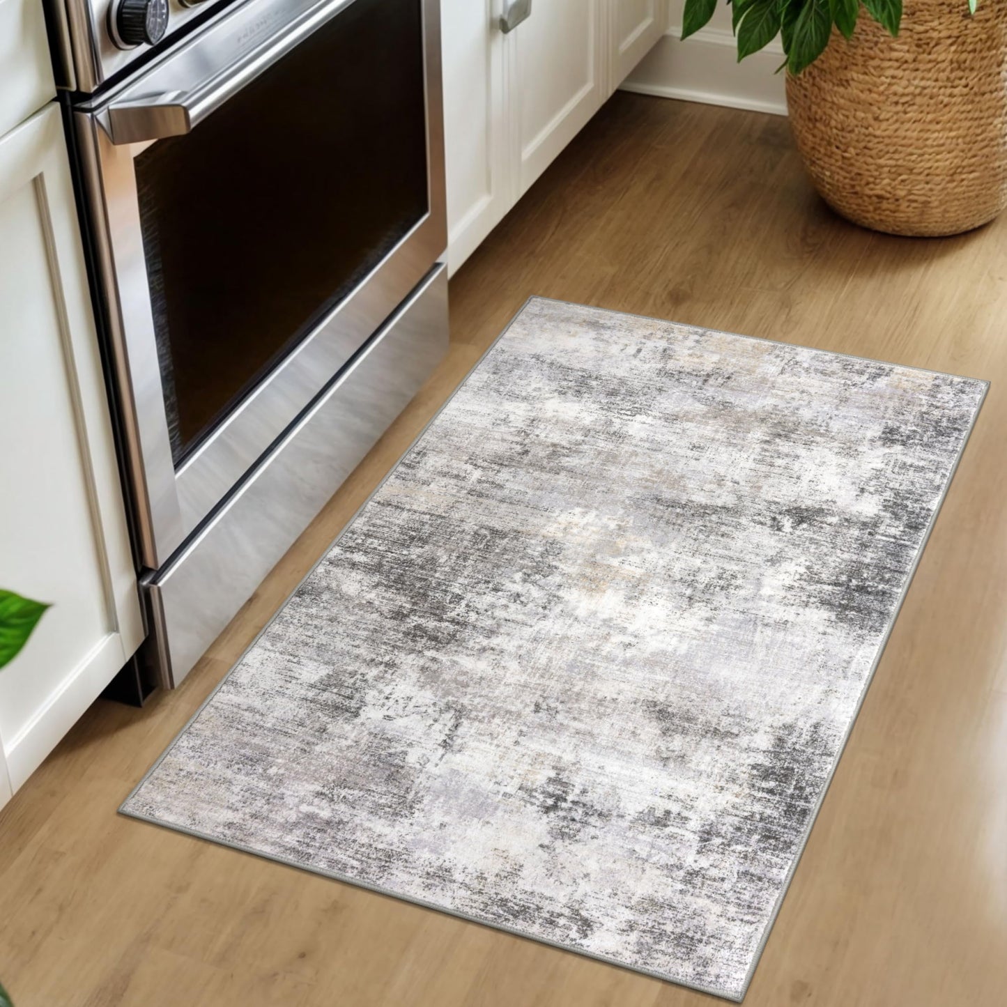 IOHOUZE Small Abstract Area Rug 2x3 Ft Entryway Rugs Washable Door Mat Indoor Entrance, Rubber Backed Throw Rugs, Printed Faux Wool Non Slip Floor Carpet for Foyer Front Door Sink, Grey Beige