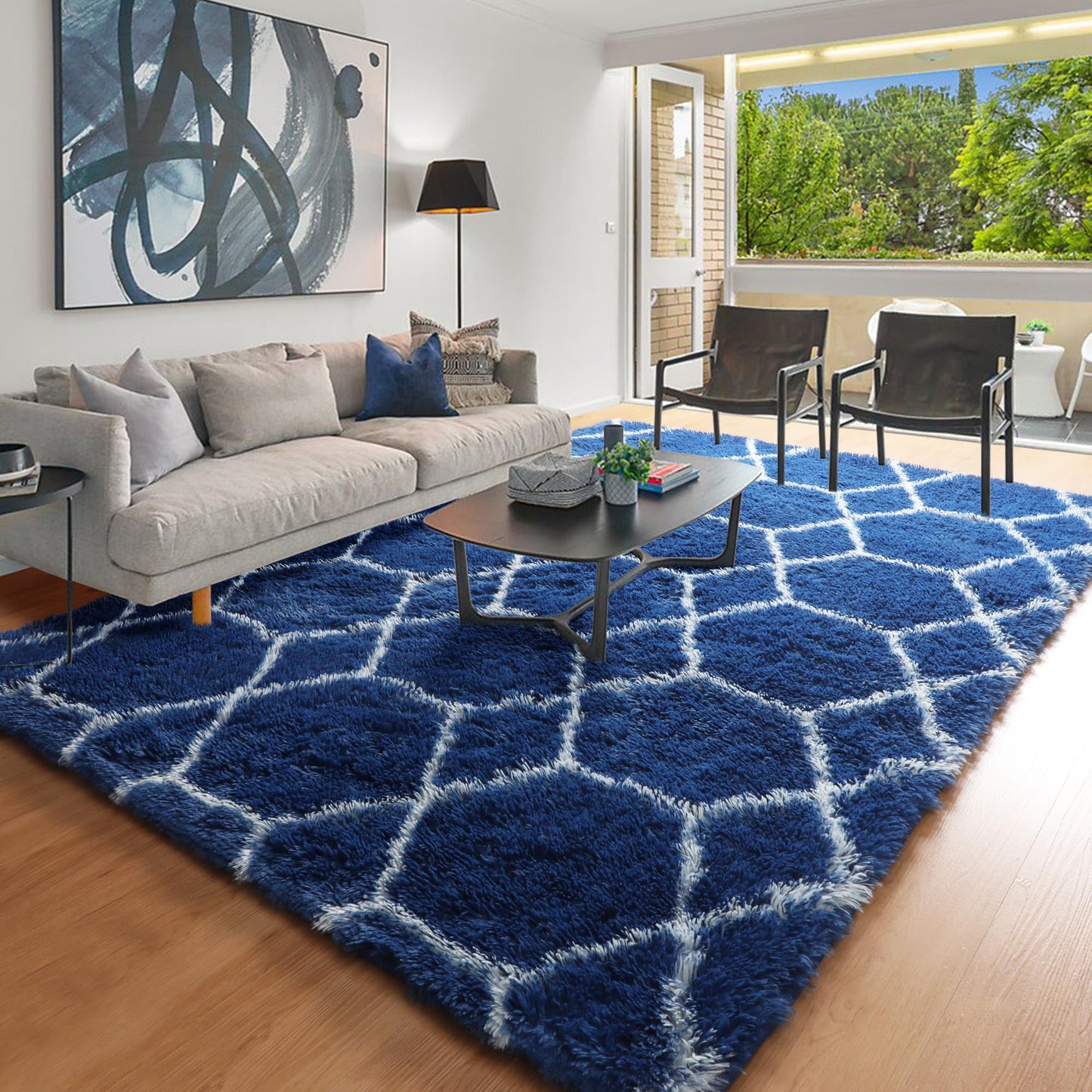 ONASAR Area Rugs for Bedroom Living Room, 4x6 Fluffy Navy Blue and White Throw Rug for Home Decor, Geometric Soft Shaggy Plush Floor Carpet for Kids Girls Boys Teen Nursery Dorm Office