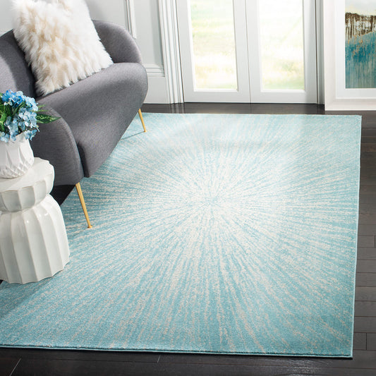 SAFAVIEH Area Rug 8x10 - Evoke Collection - Large - Aqua & Ivory, Abstract Burst Design, Non-Shedding & Easy Cleaning, Ideal for Living Room, Bedroom, Office, Dining Space (EVK228J)