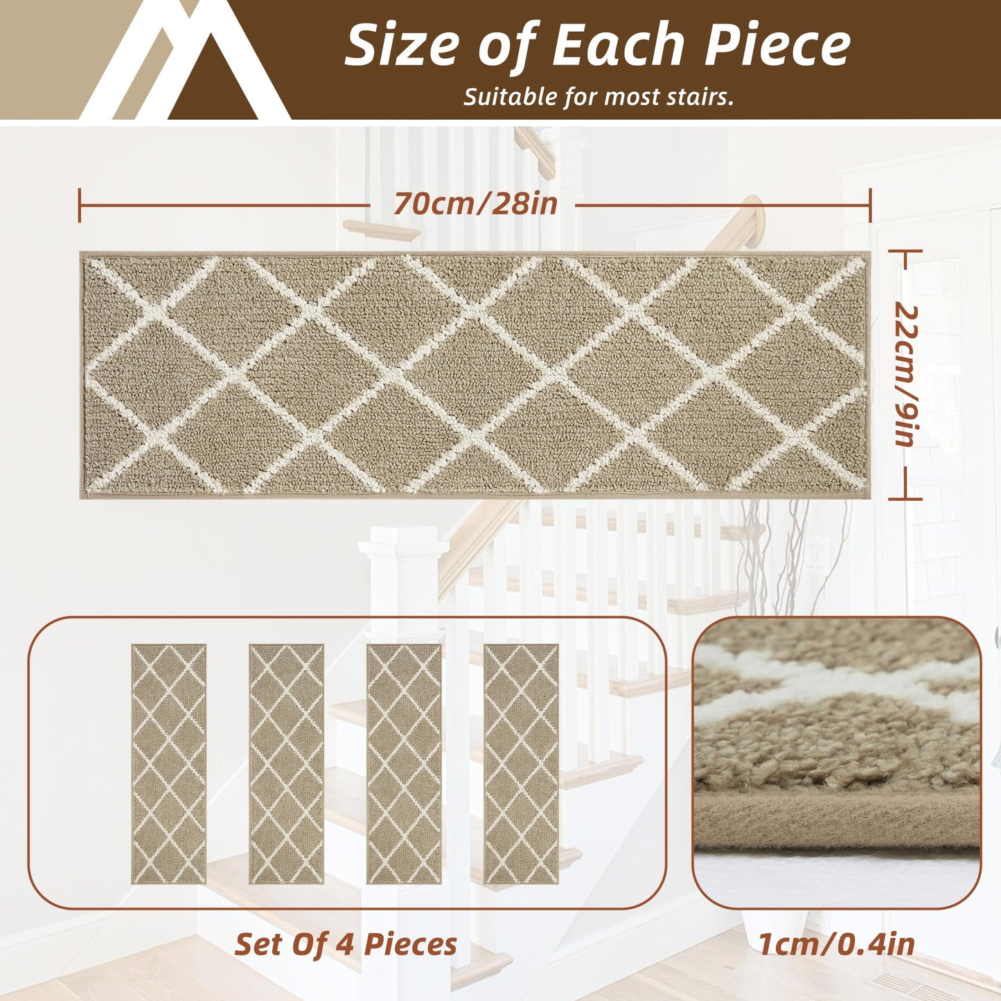 COSY HOMEER Stair Treads for Wooden Steps 9"x28", Non Slip Carpet Stair Treads, Peel and Stick Indoor Runners for Kids Elders and Dogs, 100% Polyester TPE Backing, 4pcs, Beige