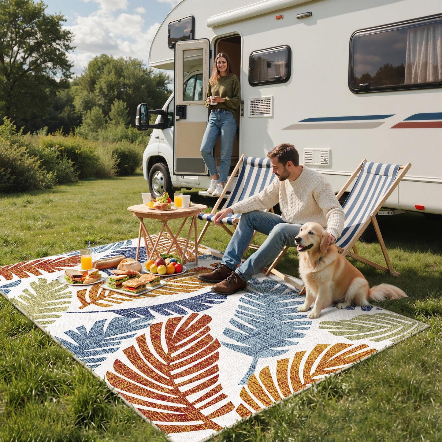 GENIMO Outdoor & Indoor Area Rug 5'x8', Waterproof, Non-Shedding, Easy Cleaning, Leaf Mat for Patio, Living Room, Balcony, Dining Room, RV, Deck, Bedroom, Camping, Outside Carpet, Rust Navy