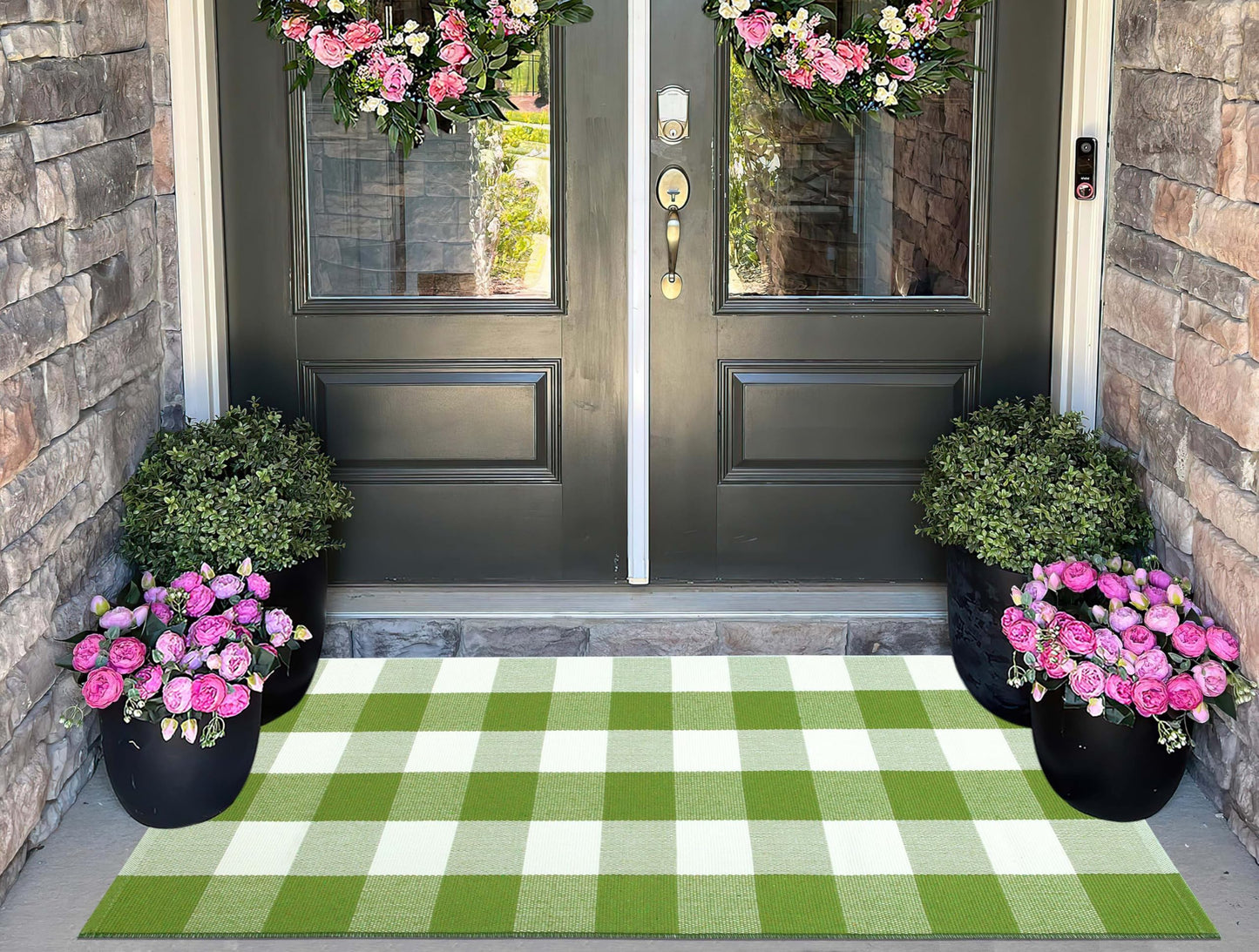 Buffalo Plaid Outdoor Rug 24''x51''Green and White Checkered Front Porch Rug Cotton Woven Washable Door Mat Outdoor for Layered Hello Welcome Door Mat Farmhouse Entryway