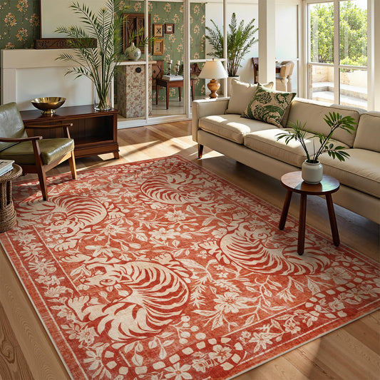 LIVEBOX Tiger Washable Rug 8x10, Boho Animal Print Area Rugs for Living Room, Non-Slip Botanical Floral Bedroom Rug, Vintage Soft Western Floor Carpet for Dining Room Home Office Dorm (Terracotta)
