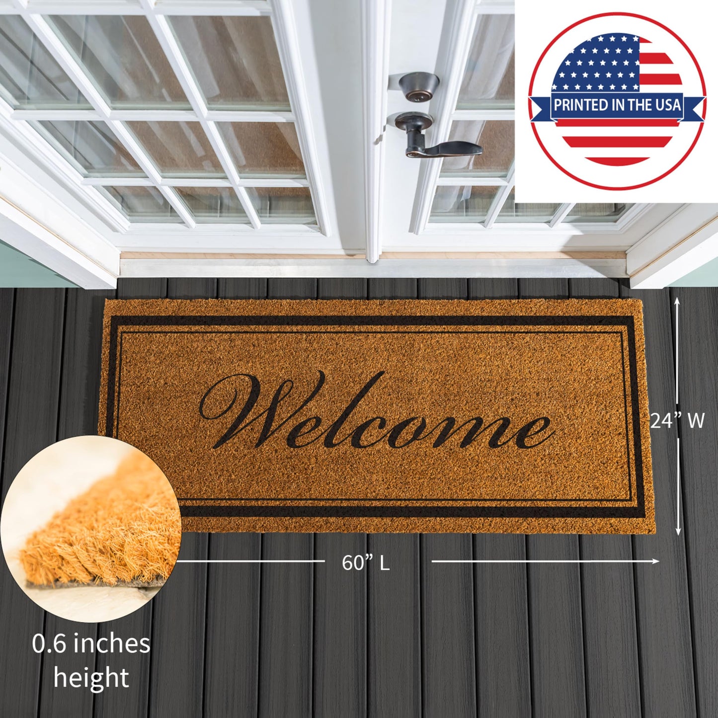 Evergreen Extra Large Coir Doormat, 2'x5' Large Front Door Mat for Double Doors, Outdoor Indoor Entrance Rug, Non-Slip Welcome Mat for Porch Patio, Housewarming Gift