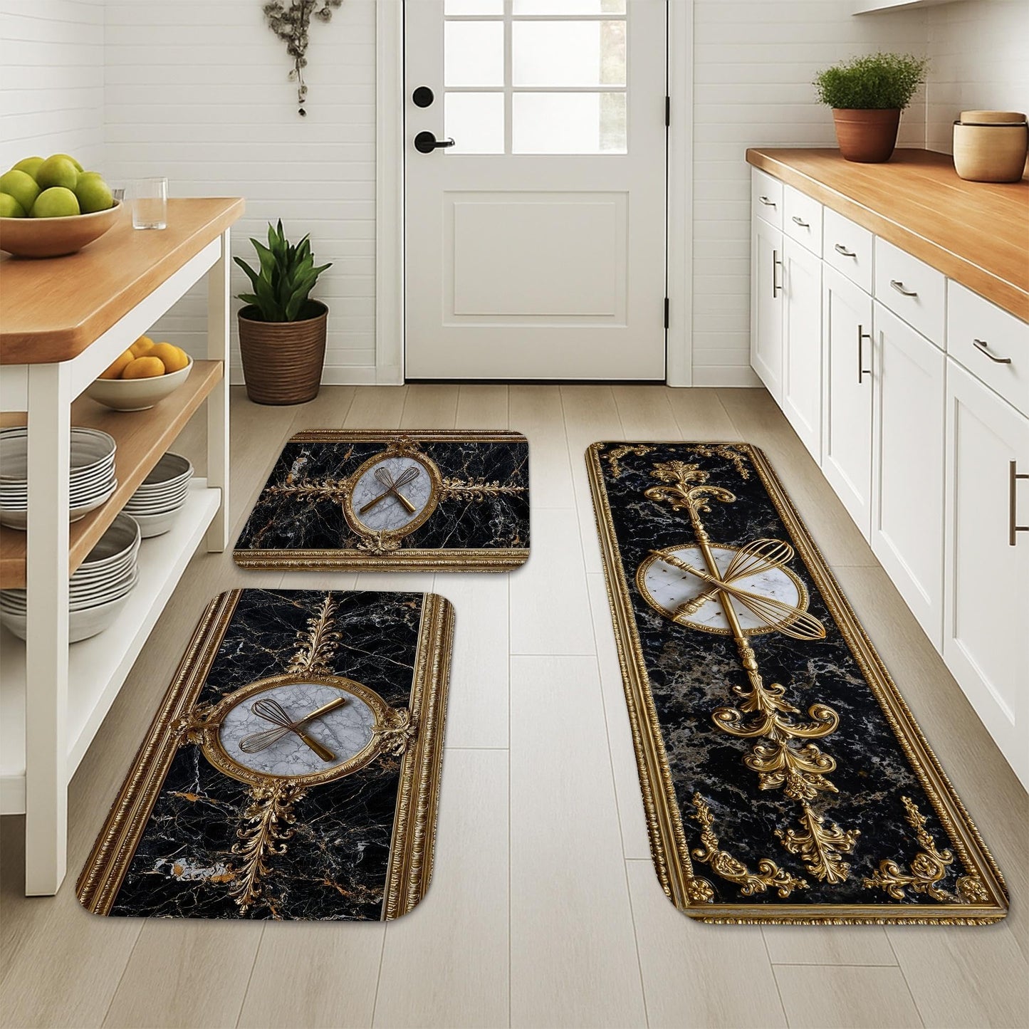 Elegant Kitchen Mats for Floor, Black Marble and Gold Ornate Design Soft Cushioned Non Slip Decor Rugs for Kitchen Sink and Laundry Room 3Pcs