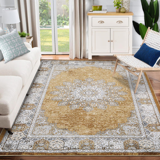 GarveeHome Vintage Area Rugs, Washable Rug for Living Room, Floral Print Vintage Distressed Indoor Traditional Mat, Non Slip Carpet for Bedroom, Dining Room, Home Office