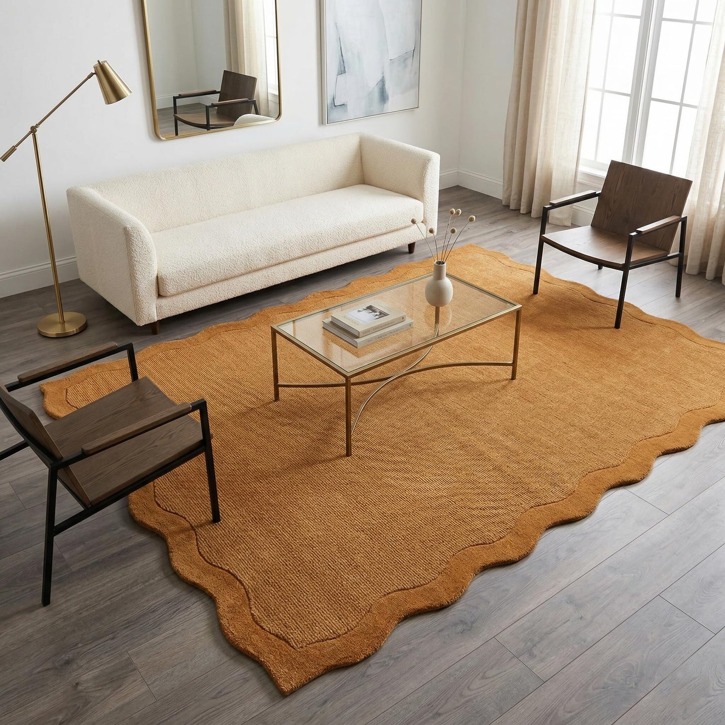 Restoration and Renovation Scalloped Hand-Tufted Wool Area Rug 5' x 8' – Thick, Soft, Plain Textured Carpet for Living Room, Bedroom, – Wavy Edge Accent Rugs with Cotton Backing – Burnt Orange