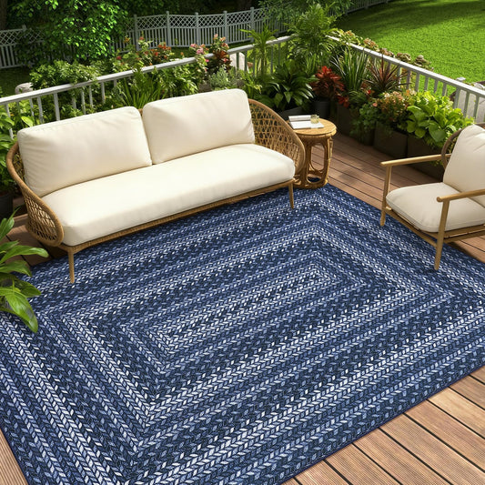 Washable Outdoor Patio 4x6 Area Rug Modern Easy Jute Indoor Outdoor Area Rugs Non Slip Stain Resistant Braided Living Room Throw Carpet Low Pile Easy Jute Rugs for Bedroom Kitchen, Slate/Blue