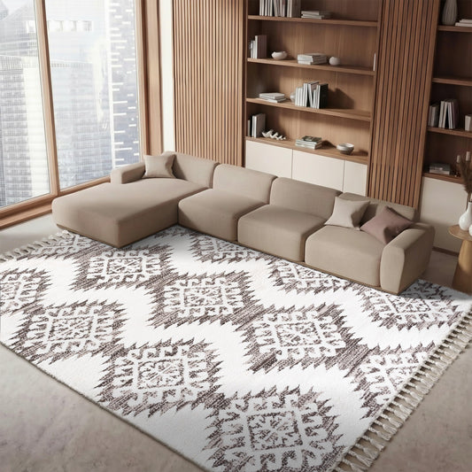 SAFAVIEH Moroccan Tassel Shag Collection Area Rug - 9' x 12', Ivory & Brown, Boho Design, Non-Shedding & Easy Care, 2-inch Thick Ideal for High Traffic Areas in Living Room, Bedroom (MTS652A)