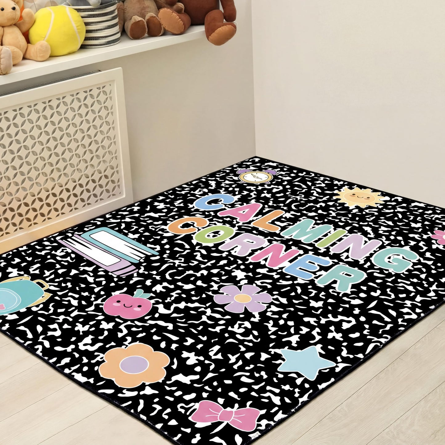 Maasechs 7x5 ft Calming Corner Classroom Rug Composition Notebook Classroom Schoolgirl Corner Items Rug Emotion Mental Health Soft Fluffy Carpet Floor Mat for Nursery Homeschool Playroom Elementary