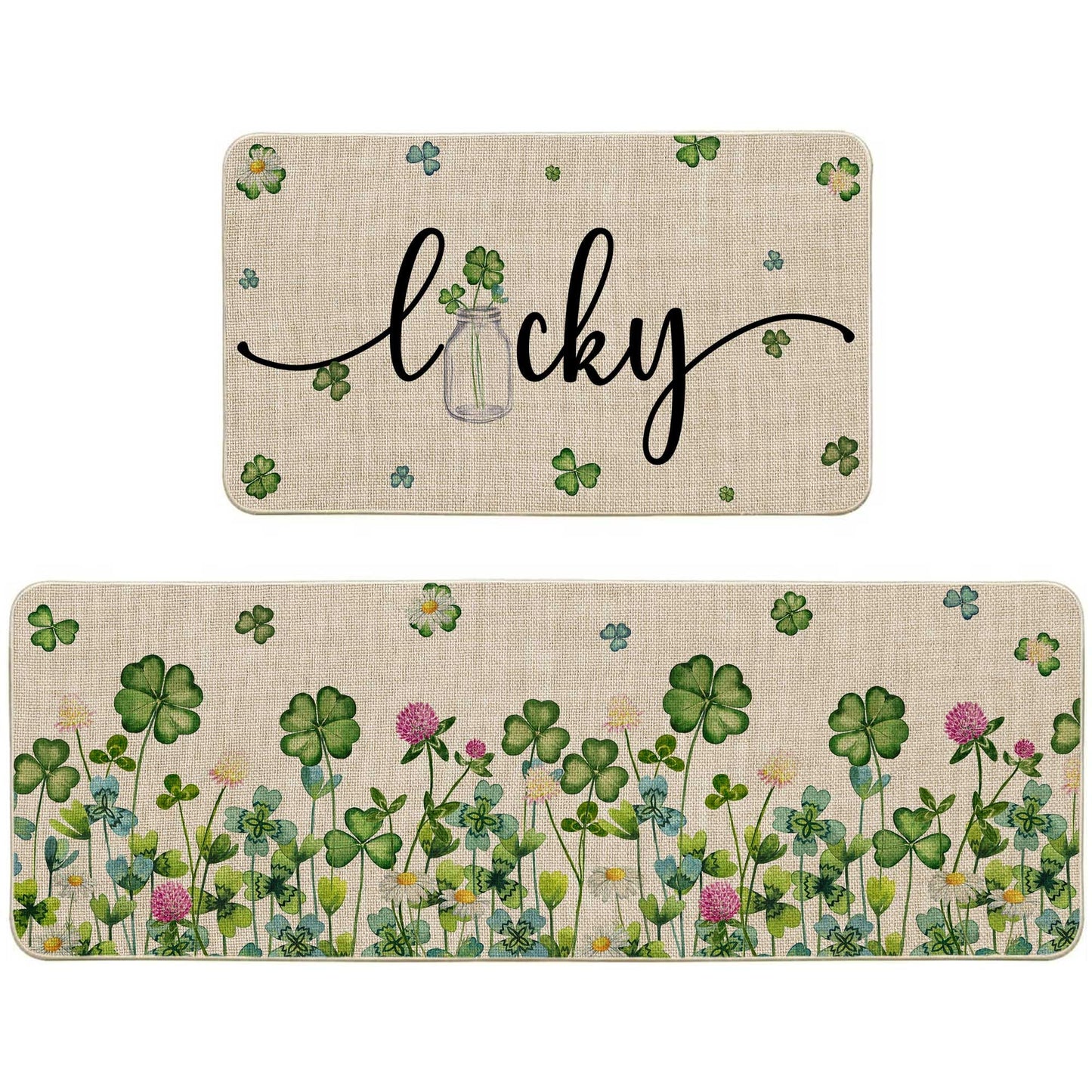 Printspree Lucky Clover Kitchen Rugs Set of 2, Shamrock and Floral Design for Kitchens, Doorways, and St. Patrick's Day Decor, Non-Slip Rubber Backing Floor Mats, 17x29 and 17x47 Inch