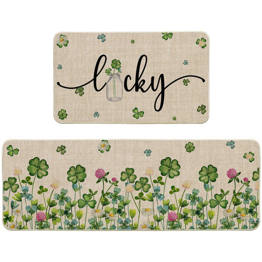 Printspree Lucky Clover Kitchen Rugs Set of 2, Shamrock and Floral Design for Kitchens, Doorways, and St. Patrick's Day Decor, Non-Slip Rubber Backing Floor Mats, 17x29 and 17x47 Inch
