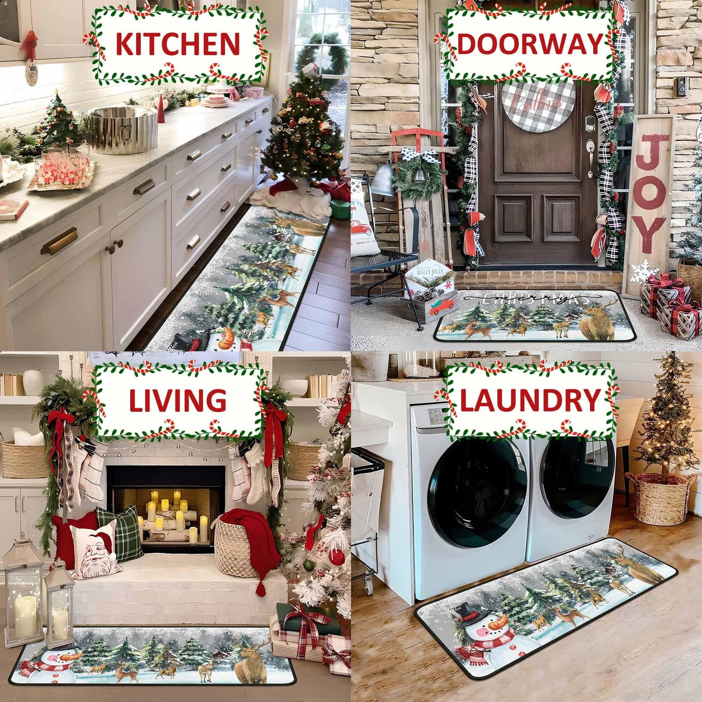 Christmas Kitchen Rugs and Mats Set of 2, Xmas Decor Non Slip Backing Xmas Trees Rug Winter Holiday Kitchen Rug Christmas Decorations for Home Low-Profile Kitchen Floor Mat 17"X47"+17"X30"