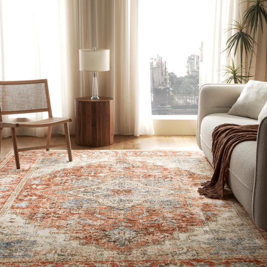 SLEEP ZONE 4x6 Area Rug for Bedroom, Machine Washable Area Rugs for Living Room, Low Pile Lightweight Non Slip Carpet, Vintage Rug for Dining Room, Home Office, Brick