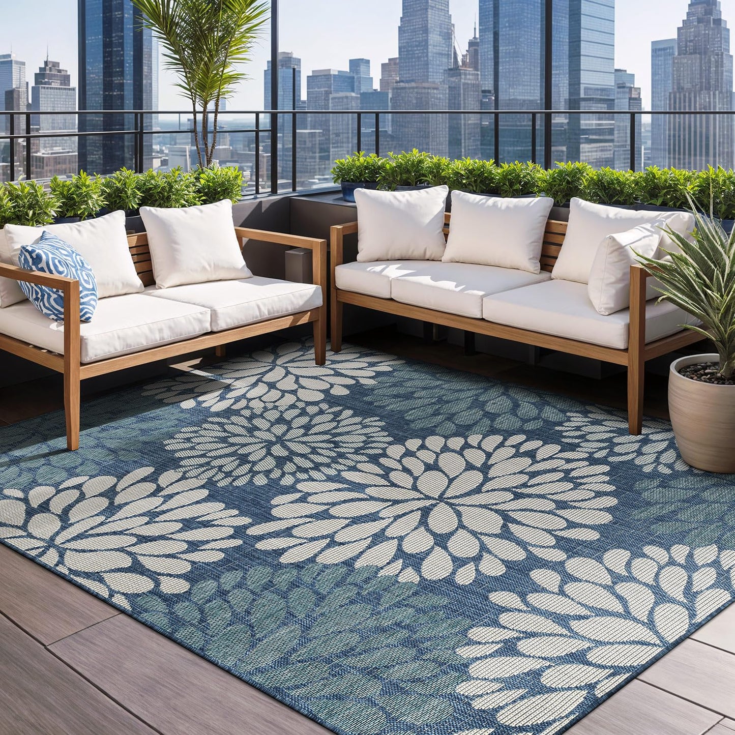 Beverly Rug Outdoor Rug 5x7 Modern Exotic Tropical Leaf Area Rugs for Indoor and Outdoor Patio Deck Porch Garden Water Resistant Washable Outside Carpet (5 x 7 Blue)