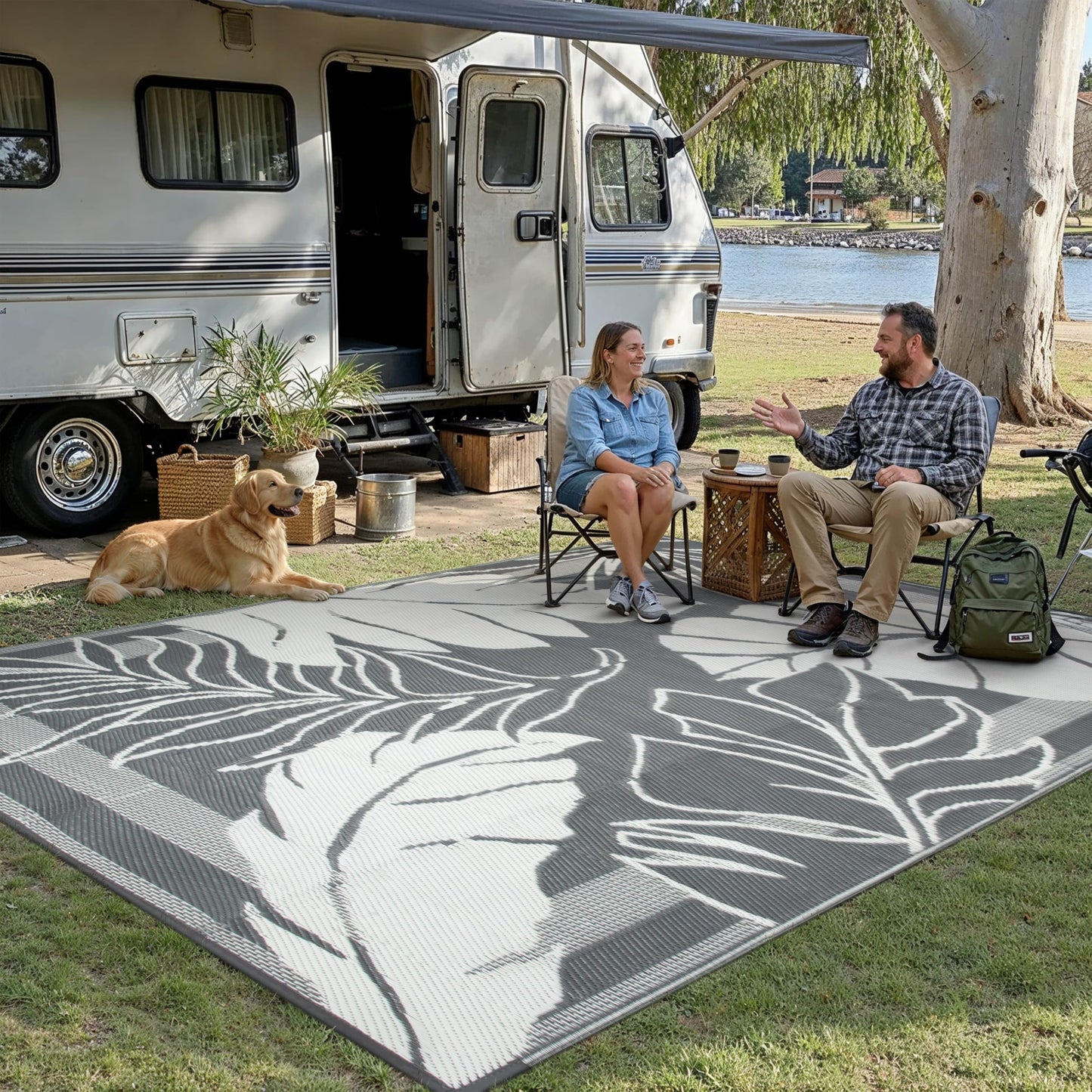 HUGEAR 9'x12' Outdoor Rug Waterproof Plastic Straw Rugs Large Grey Reversible Olive Leaf Mat Floor Carpet for Camping RV Deck Entryance Porch Picnic Balcony Beach Backyard