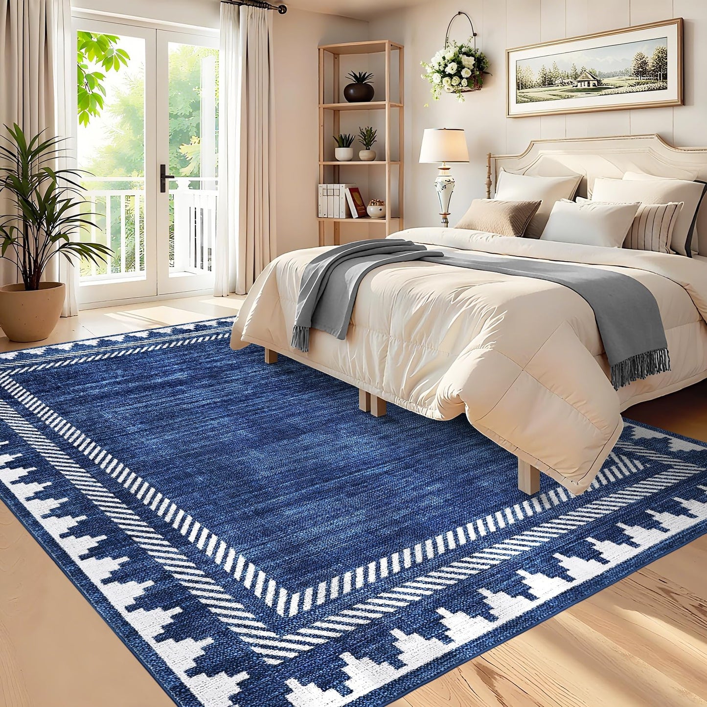 Garvee Washable 9x12 Area Rug Modern Solid Living Room Rug, Large Bordered Rugs for Bedroom Neutral Carpet 9 x 12 Rugs for Farmhouse Dining Room Non-Slip Stain Resistant Under Table Blue Rug