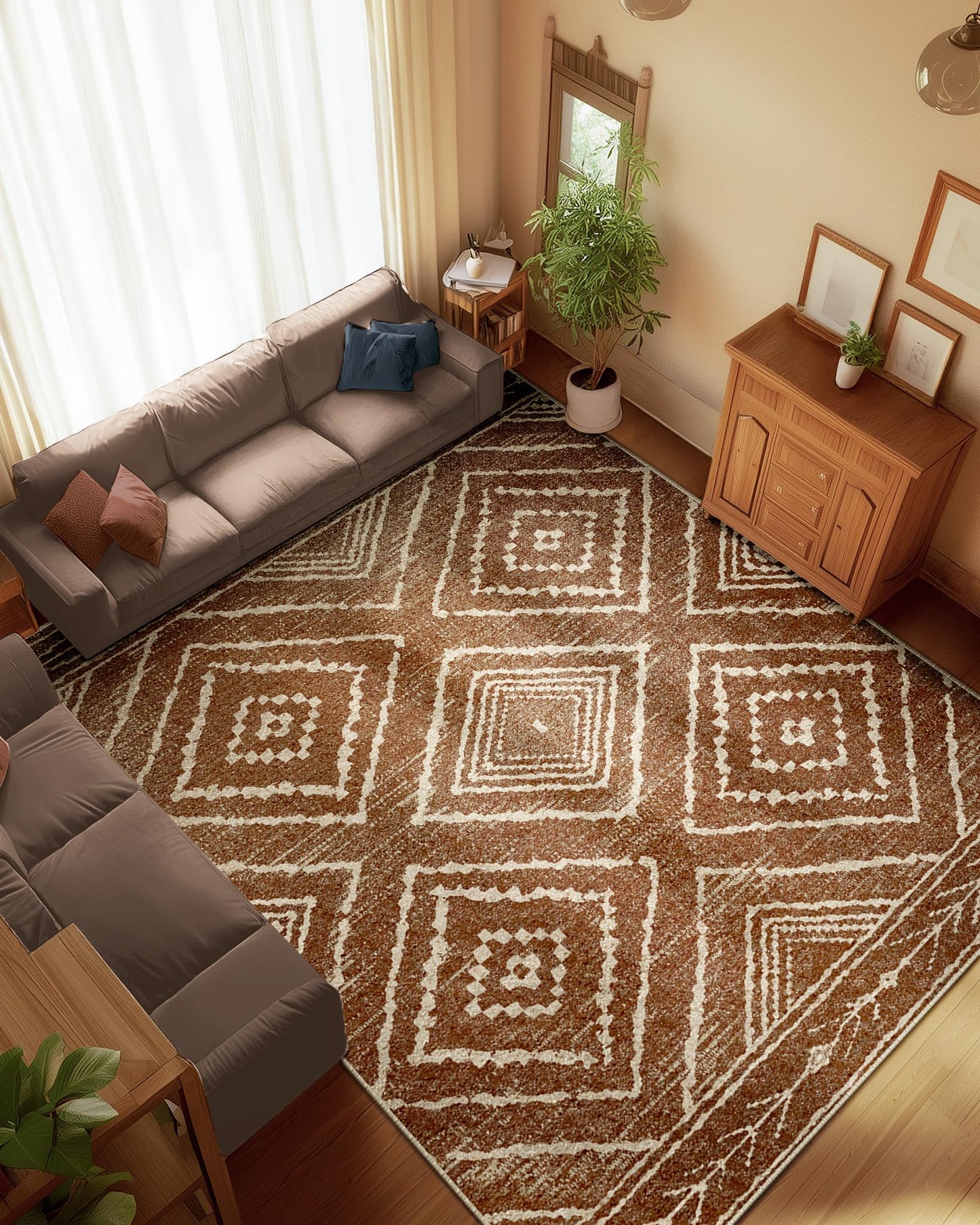 BESTSWEETIE Area Rug 8x10 Rug Machine Washable Non-Slip Low Pile Print Pattern Western Rug for Living Room Bedroom Entryway Tribal Series -Yellowbrown/Cream