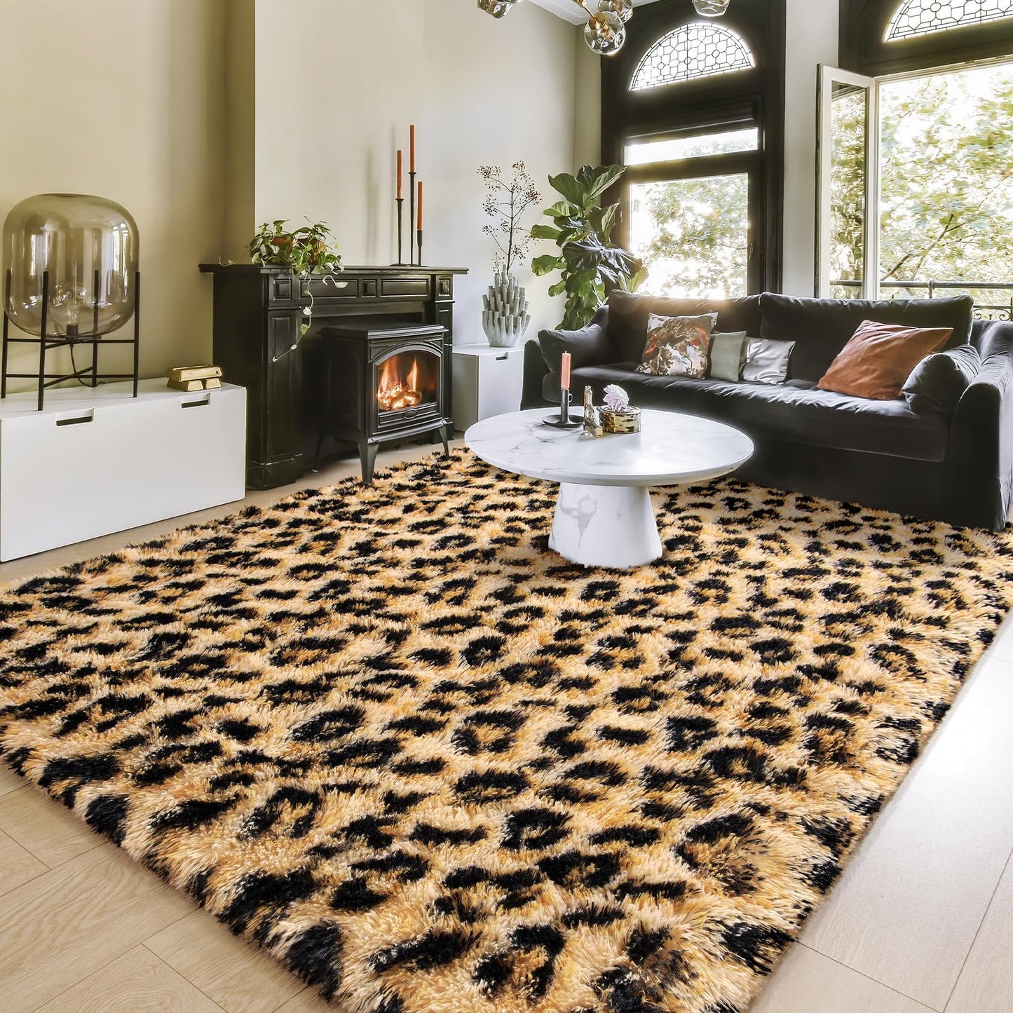 Amearea Fluffy Leopard Rug, Premium Cheetah Print Rugs, Soft Comfy Faux Fur Animal Carpet for Kids Room Bedroom, Living, Shaggy Teen Room Home Decor, Khaki 4x6 Feet