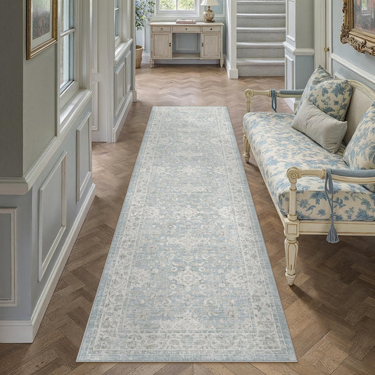 WondRg 2x8 Blue Washable Runner Rug for Hallway Kitchen Soft Low Pile Lightweight Runner Rug Non Slip Vintage Accent Carpet Bathroom Front Door Beside Bed Home Decor