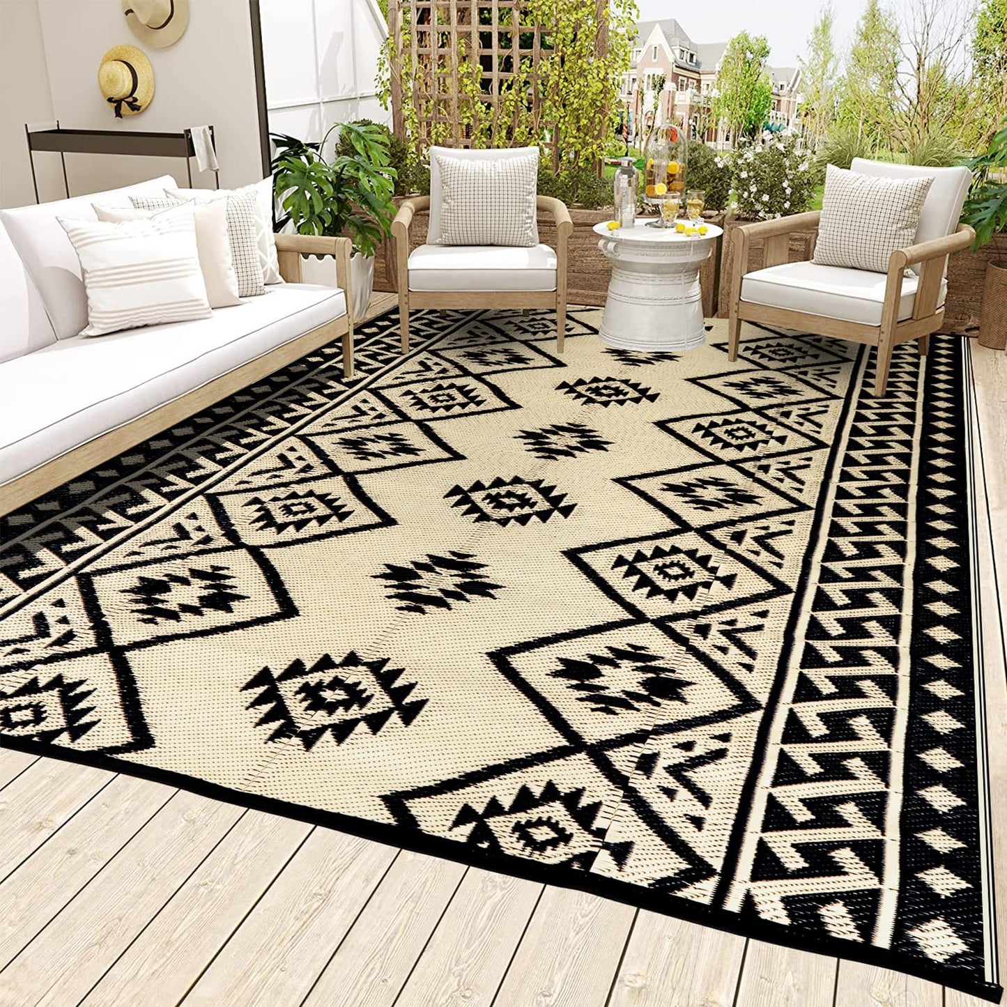 LILIOFFIC Outdoor Rug - Outdoor Rugs 9x12 for Patios Clearance, Large Outdoor Area Rug Carpet for Outside, RV, Deck, Picnic, Beach, Camping, with 4 Stakes, Black & Beige