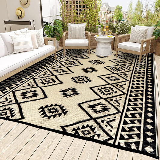 LILIOFFIC Outdoor Rug - Outdoor Rugs 9x12 for Patios Clearance, Large Outdoor Area Rug Carpet for Outside, RV, Deck, Picnic, Beach, Camping, with 4 Stakes, Black & Beige