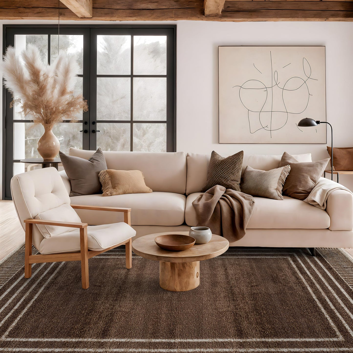 Rugshop Contemporary Geometric Bordered Indoor Area Rug for Living Room,Bedroom,Kitchen Rug Low Pile Rug with Jute Backing 5' x 7' Brown