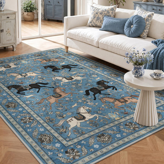 Tribesigns Boho Horse Print 5x7 Blue Area Rugs for Living Room, Vintage Animal Washable Rug for Bedroom, Soft Non-Slip Low Pile Indoor Dining Room Carpet for Office Playroom, Oeko-TEX Certified