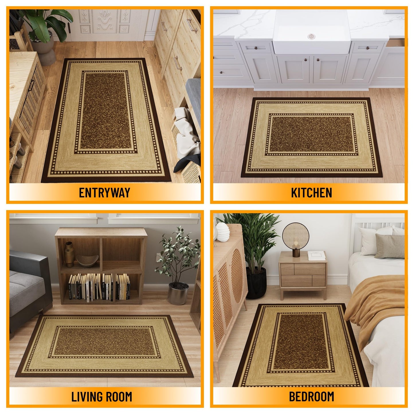 Ottomanson Area Rug 3'3" x 4'7" – Non Slip Rubber Backed Indoor Rug, Low Pile Accent Rug for Living Room, Bedroom, Entryway, Kitchen, Durable Floor Carpet, Border Brown