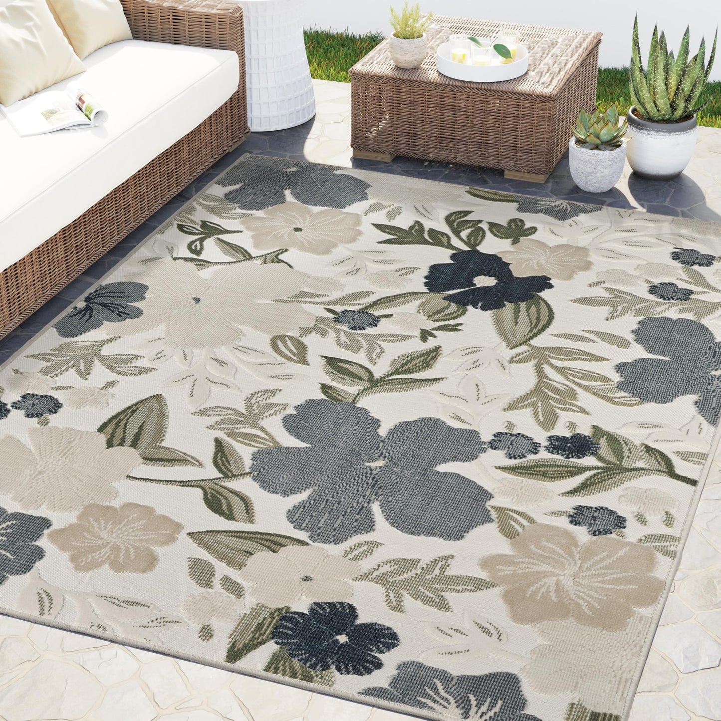 Abani Blue Area Rug – 5' x 8' – Sakura Collection – Floral Pattern – Easy to Clean – Durable for Patio, Living Room, or Sunroom, Pet & Child Friendly