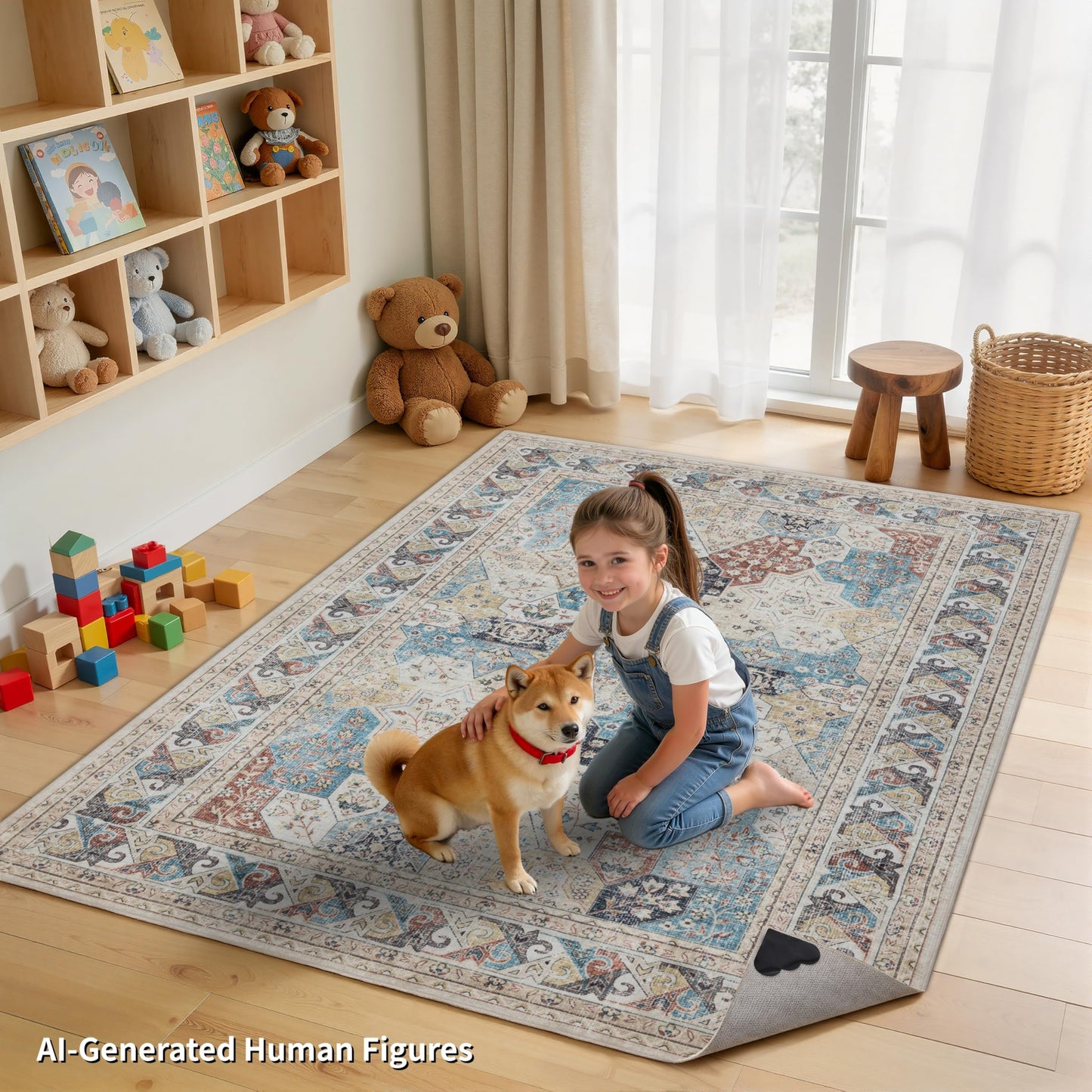 5x7 Moroccan Washable Area Rugs, Oriental Accent Rugs with Non-Slip Backing, Distressed Design Low Pile Soft Carpet for Living Room, Bedroom, Dining Room, Home Office, Blue/Multi