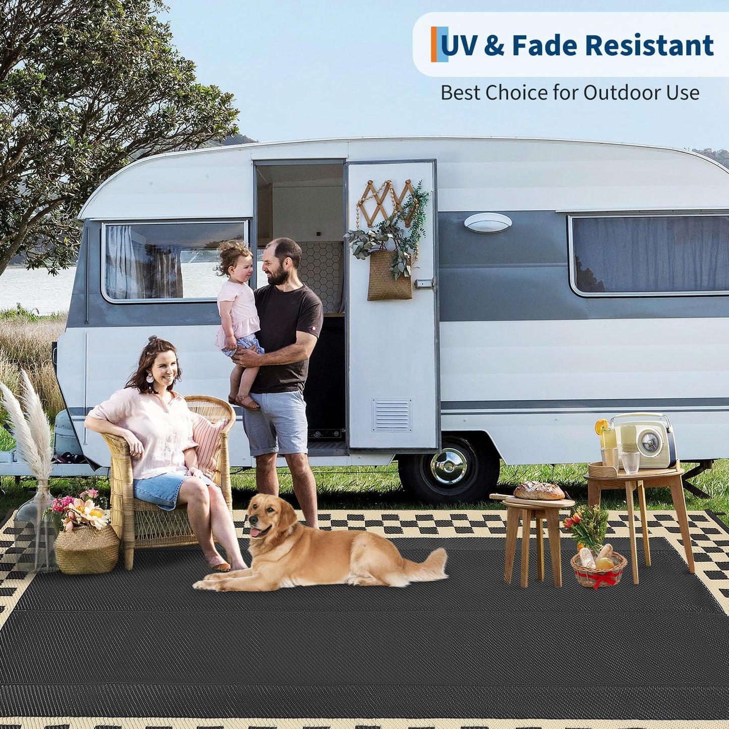 Garvee Outdoor Rug 9x12 Waterproof Reversible Patio Rug Modern Geometric Outdoor Carpet, Fade-Proof & Weather Resistant Minimalist RV Picnic Camping Mat for Garden Backyard Balcony, Black & Beige