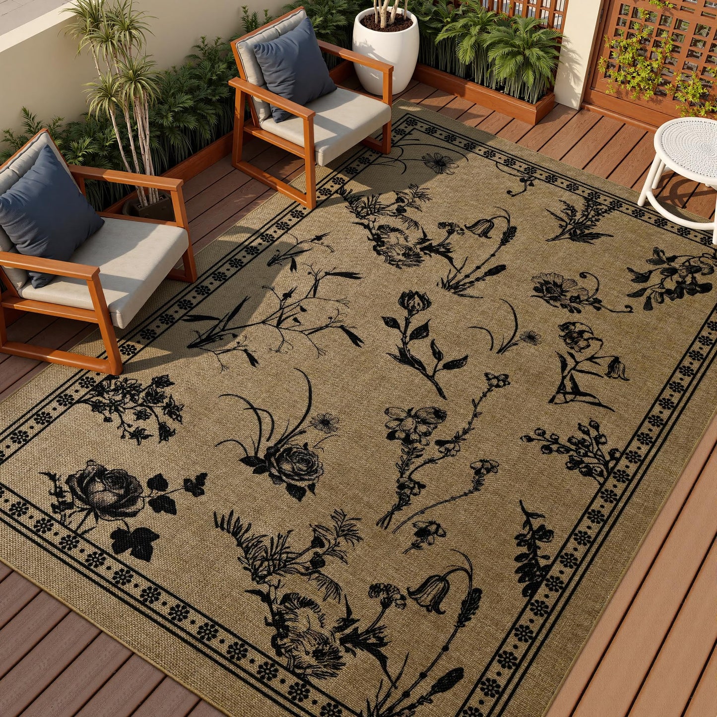 FALARK Easy Jute Area Rugs for Living Room, 5x7 Beige Botanical Sketch Thin Washable Rug, Non Slip Backing Indoor Outdoor Carpet for Bedroom Kitchen Office Backyard Patio Kids Room