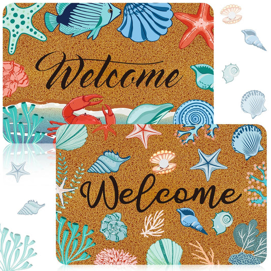 Moucuny 2 Pcs Coastal Beach Coir Door Mat Holiday Coastal Doormat 15.75 x 23.62 Inches Non Slip Entrance Coir Rugs for Farmhouse Home Kitchen Front Outdoor Indoor Summer Welcome Beach Rugs