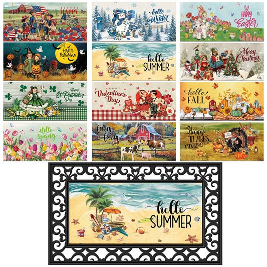 Nuanchu 12 Pack Seasonal Doormat Inserts, 10x22 Inch Interchangeable Door Mat for Front Door, Non Slip Rug Diatom Mud Outdoor Mat, Holiday Welcome Insert for 4th of July Summer Decor(Retro)