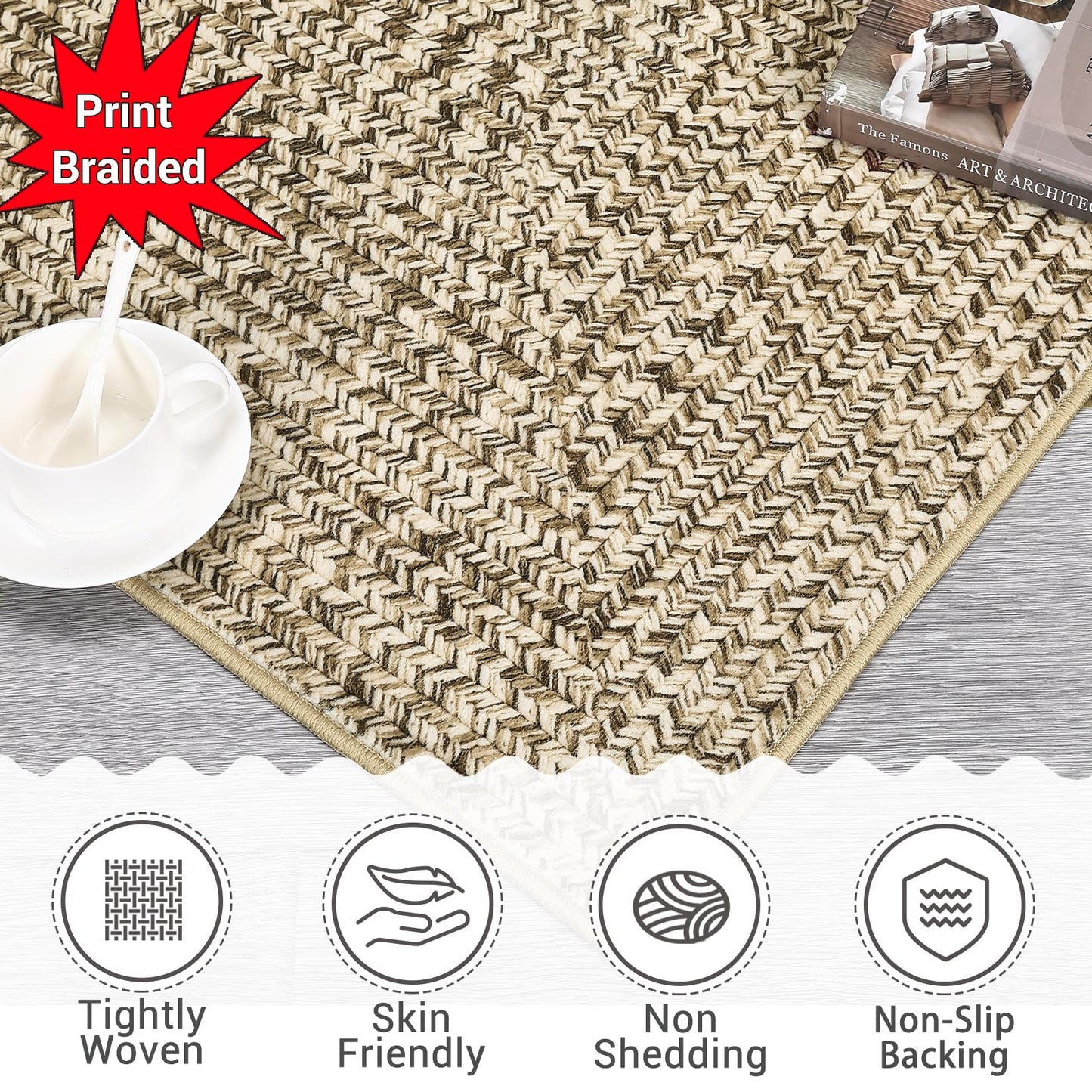 ROYHOME 8x10 Area Rug Machine Washable Rug for Living Room Print Braided Indoor Floor Cover Stain Resistant Non-Slip Farmhouse Solid Printed Textured Carpet for Home Decor, polyester